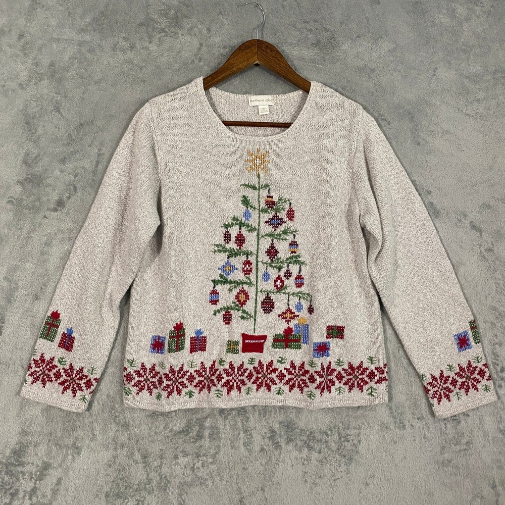Northern Isles Sweater Sz M Oatmeal Christmas Tree Linen Cotton Holiday Cozy VTG